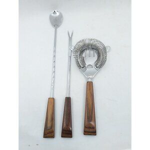 MCM 3 Barware strainer, Stirrer & fork pick faux wood handle bakelite? metal